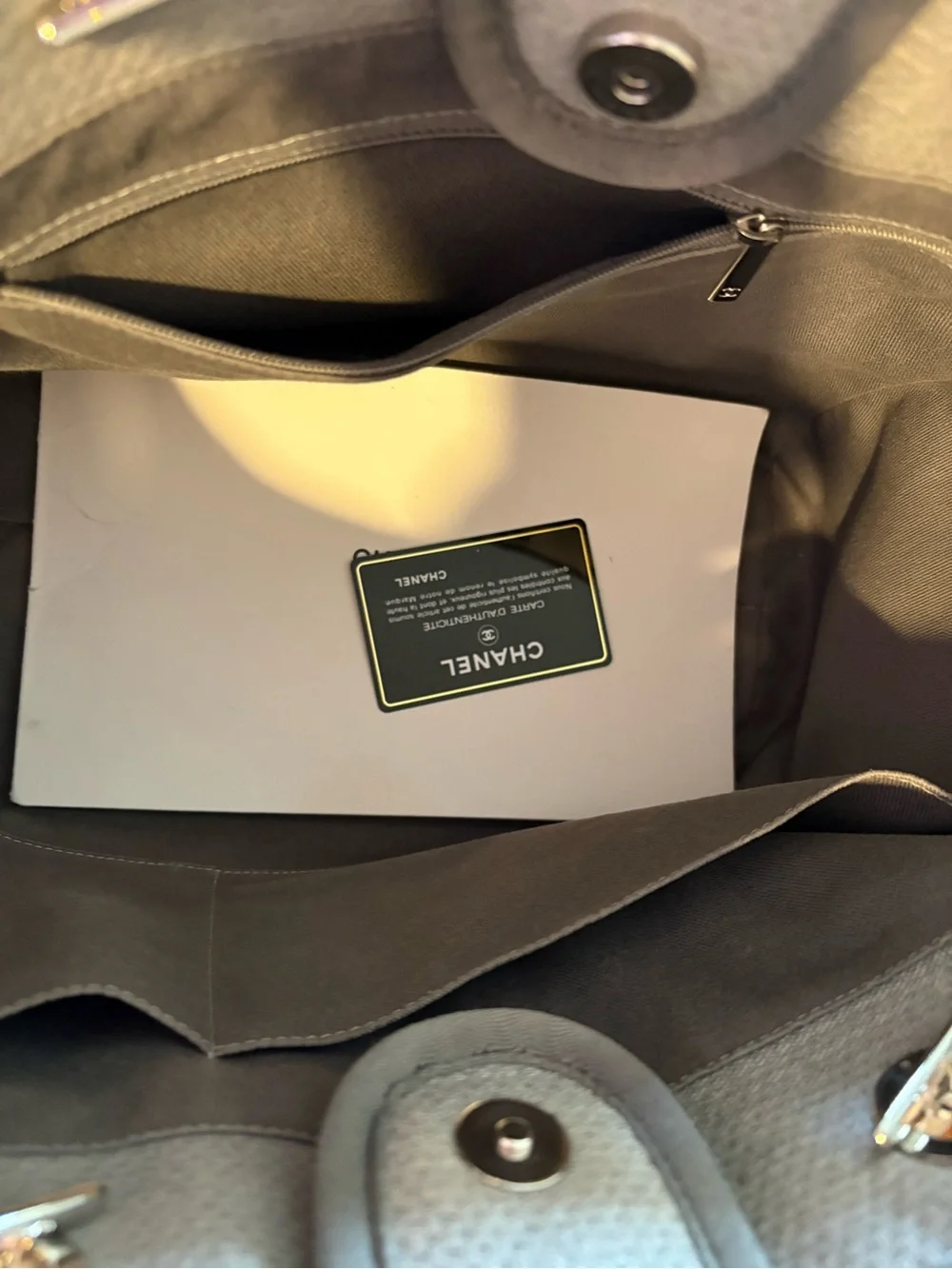 CHANEL Gray Canvas Tote with White Logo and Chain Handles